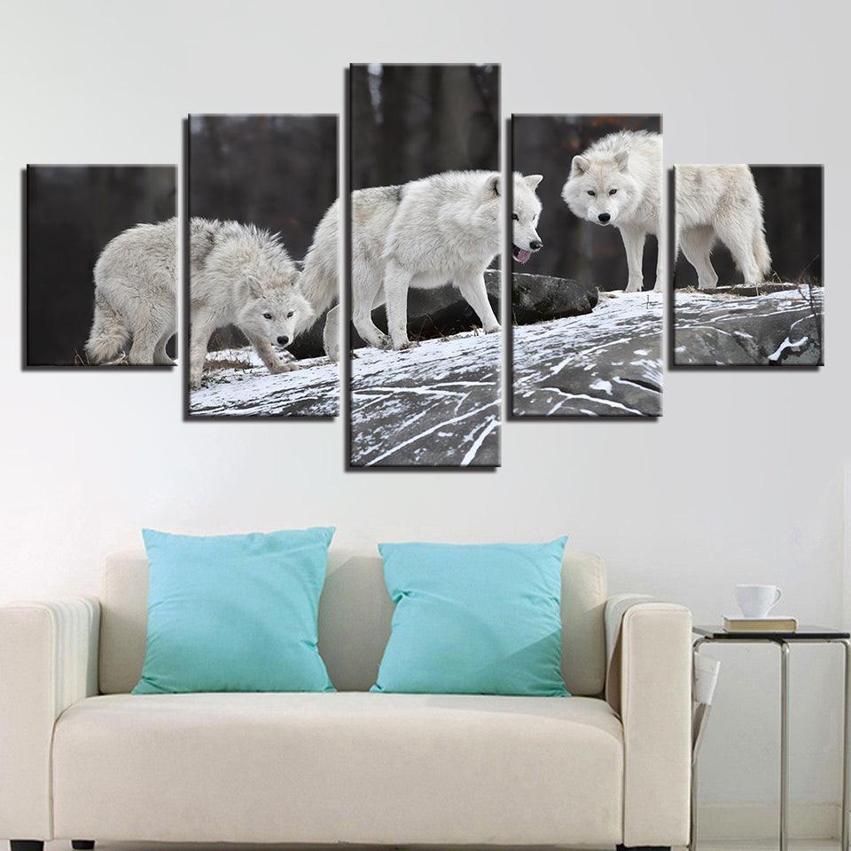 White Wolfs 5 Piece HD Multi Panel Canvas Wall Art Frame-Original Frame