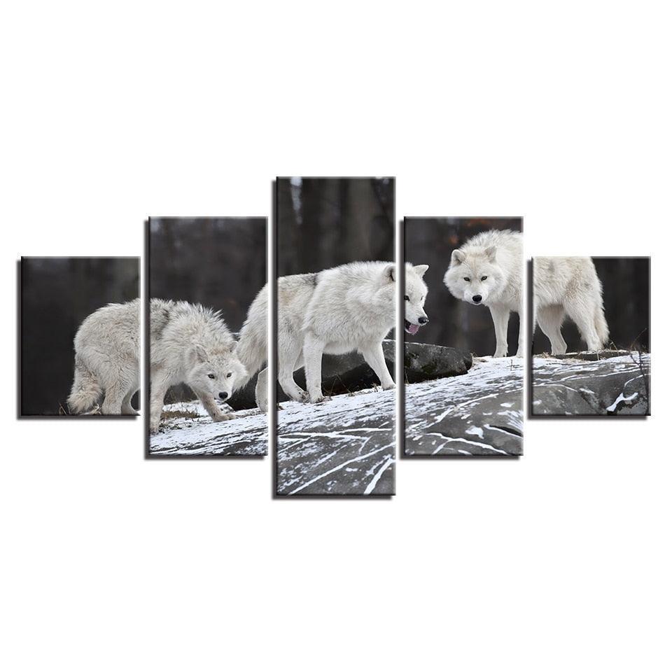 White Wolfs 5 Piece HD Multi Panel Canvas Wall Art Frame-Original Frame