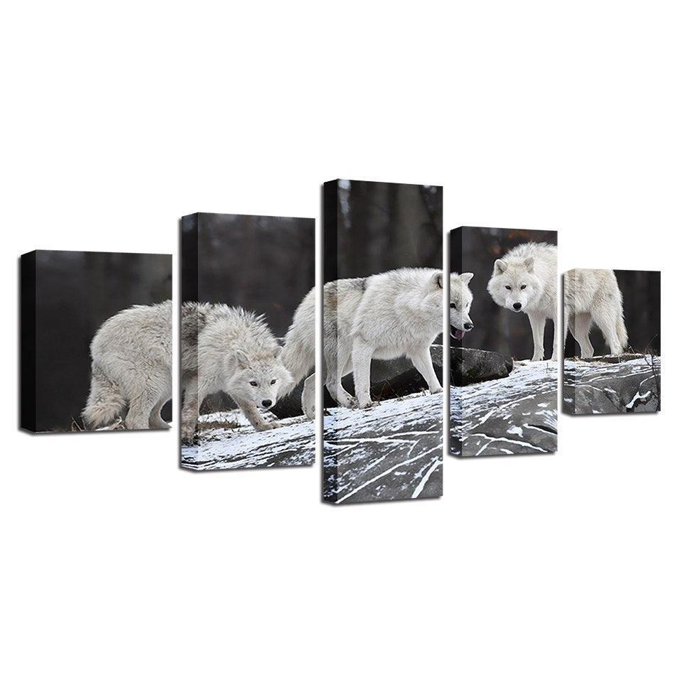 White Wolfs 5 Piece HD Multi Panel Canvas Wall Art Frame-Original Frame