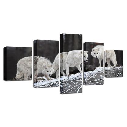 White Wolfs 5 Piece HD Multi Panel Canvas Wall Art Frame-Original Frame