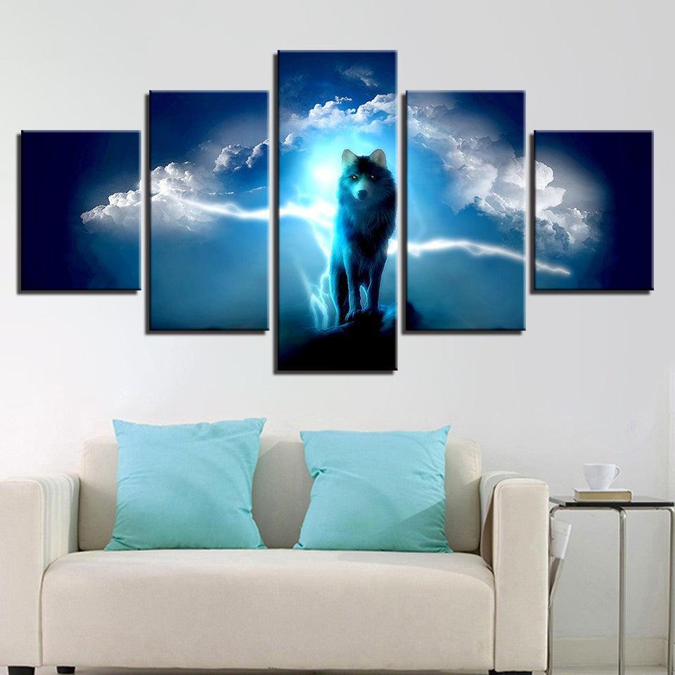 Night Wolf 5 Piece HD Multi Panel Canvas Wall Art Frame-Original Frame