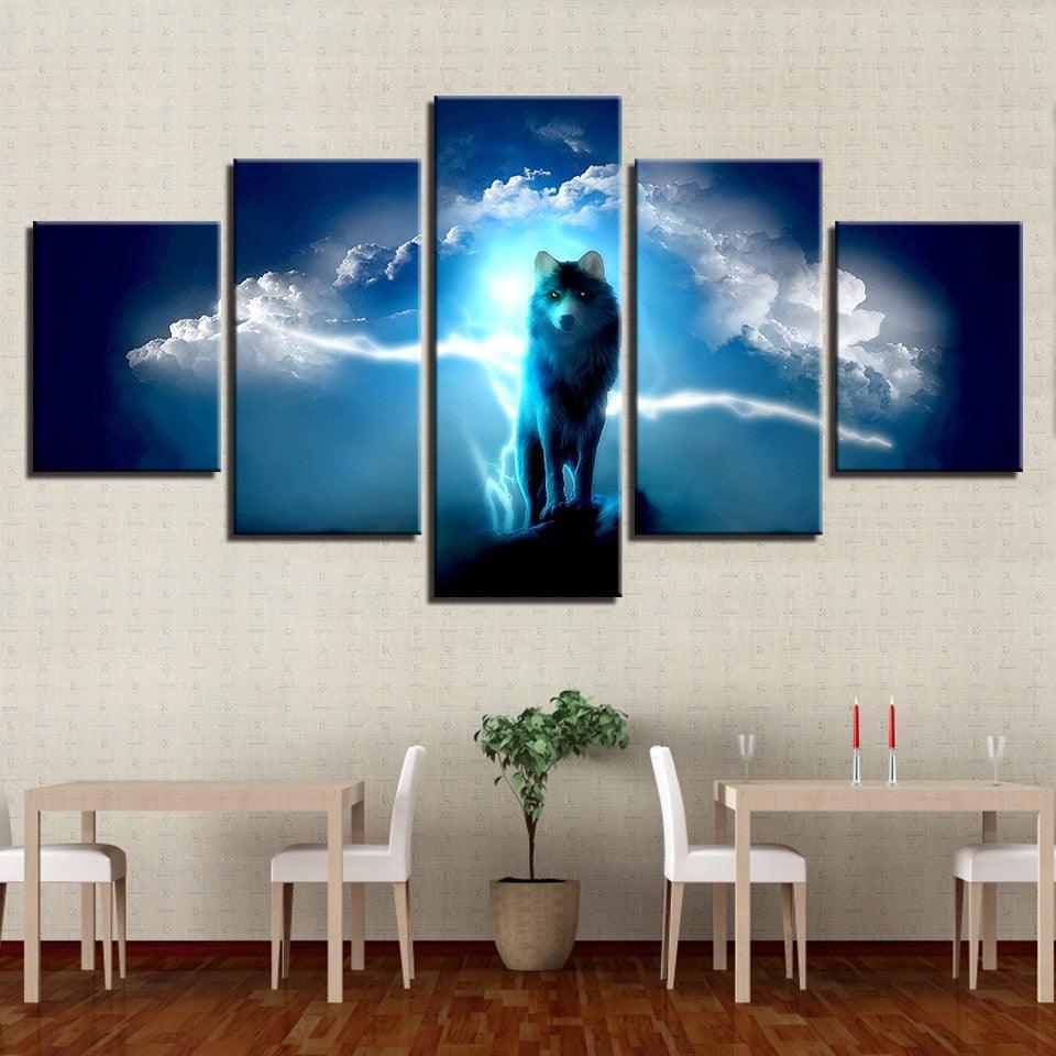 Night Wolf 5 Piece HD Multi Panel Canvas Wall Art Frame-Original Frame