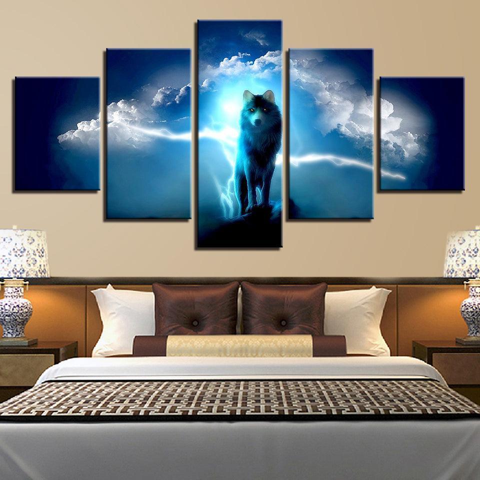 Night Wolf 5 Piece HD Multi Panel Canvas Wall Art Frame-Original Frame