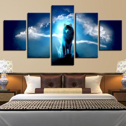 Night Wolf 5 Piece HD Multi Panel Canvas Wall Art Frame-Original Frame