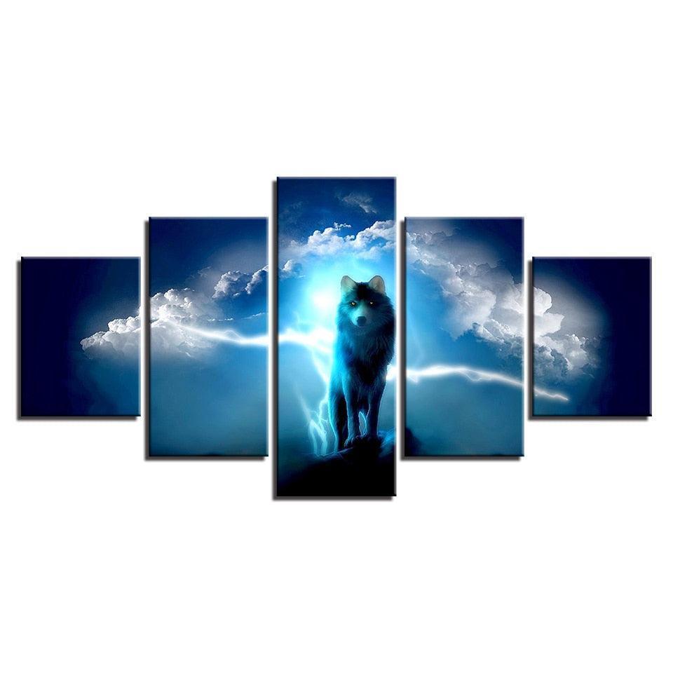 Night Wolf 5 Piece HD Multi Panel Canvas Wall Art Frame-Original Frame