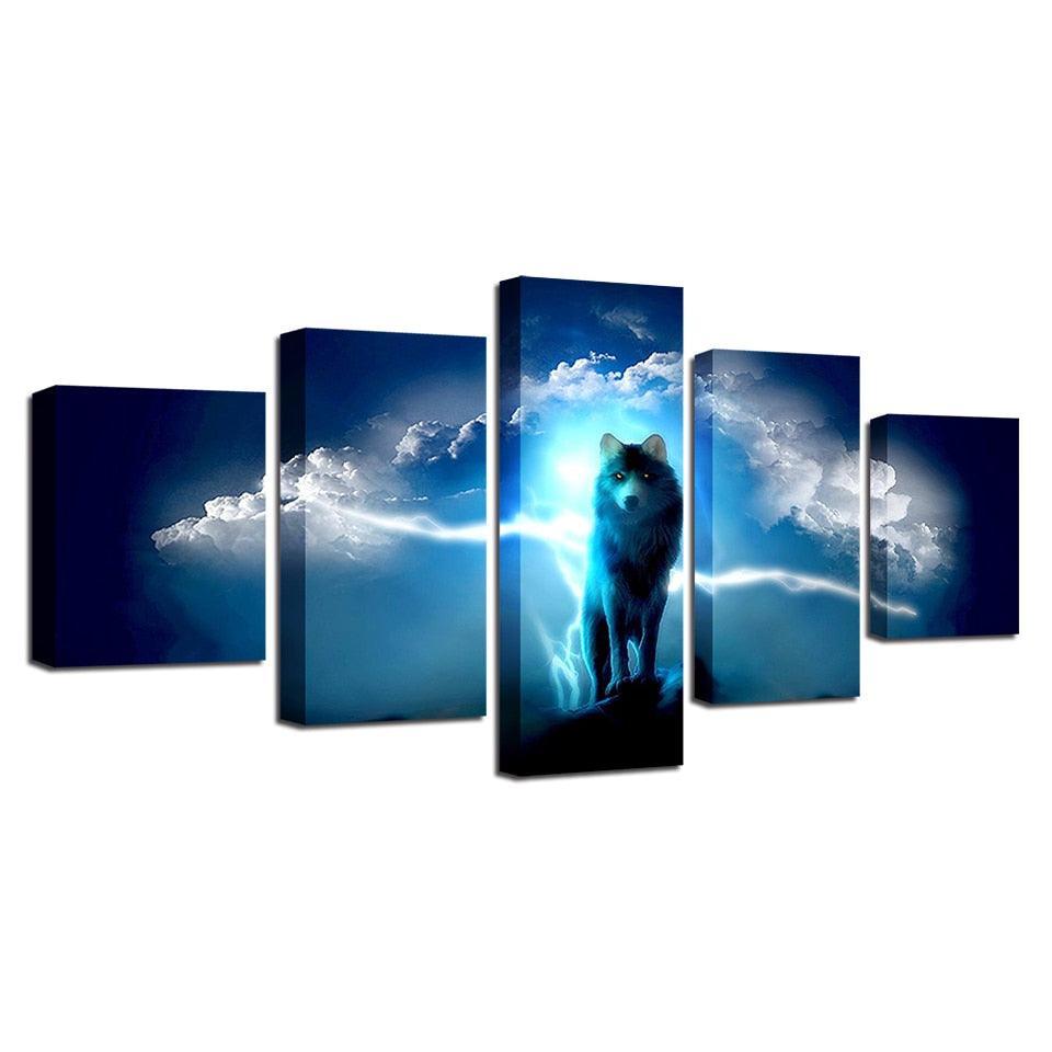 Night Wolf 5 Piece HD Multi Panel Canvas Wall Art Frame-Original Frame