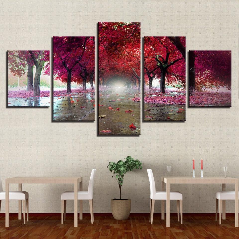 Purple Red Trees 5 Piece HD Multi Panel Canvas Wall Art-Original Frame