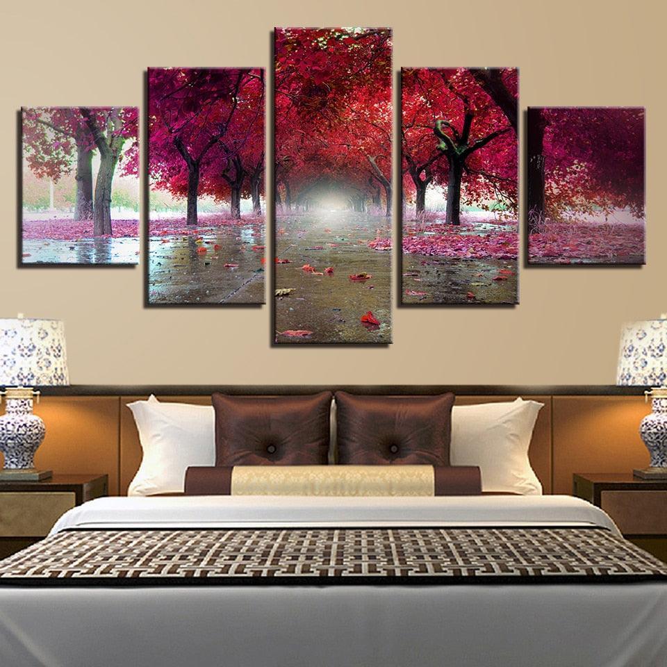 Purple Red Trees 5 Piece HD Multi Panel Canvas Wall Art-Original Frame