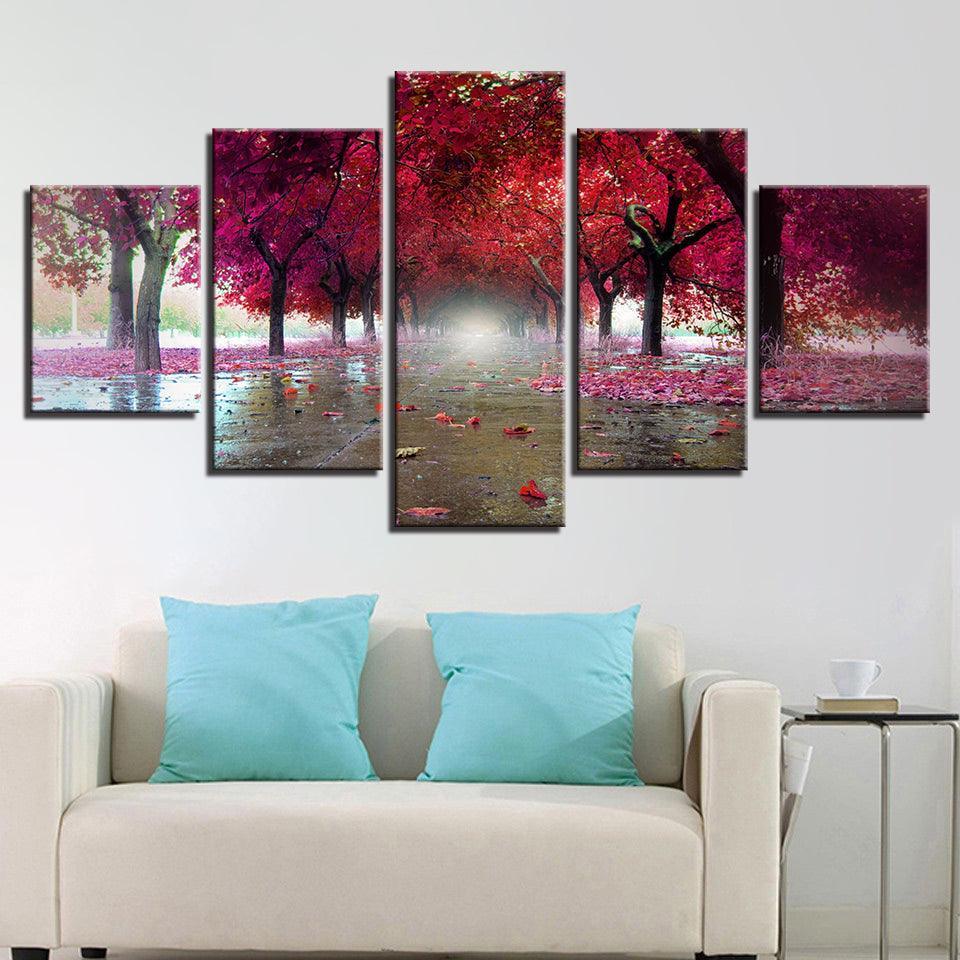 Purple Red Trees 5 Piece HD Multi Panel Canvas Wall Art-Original Frame