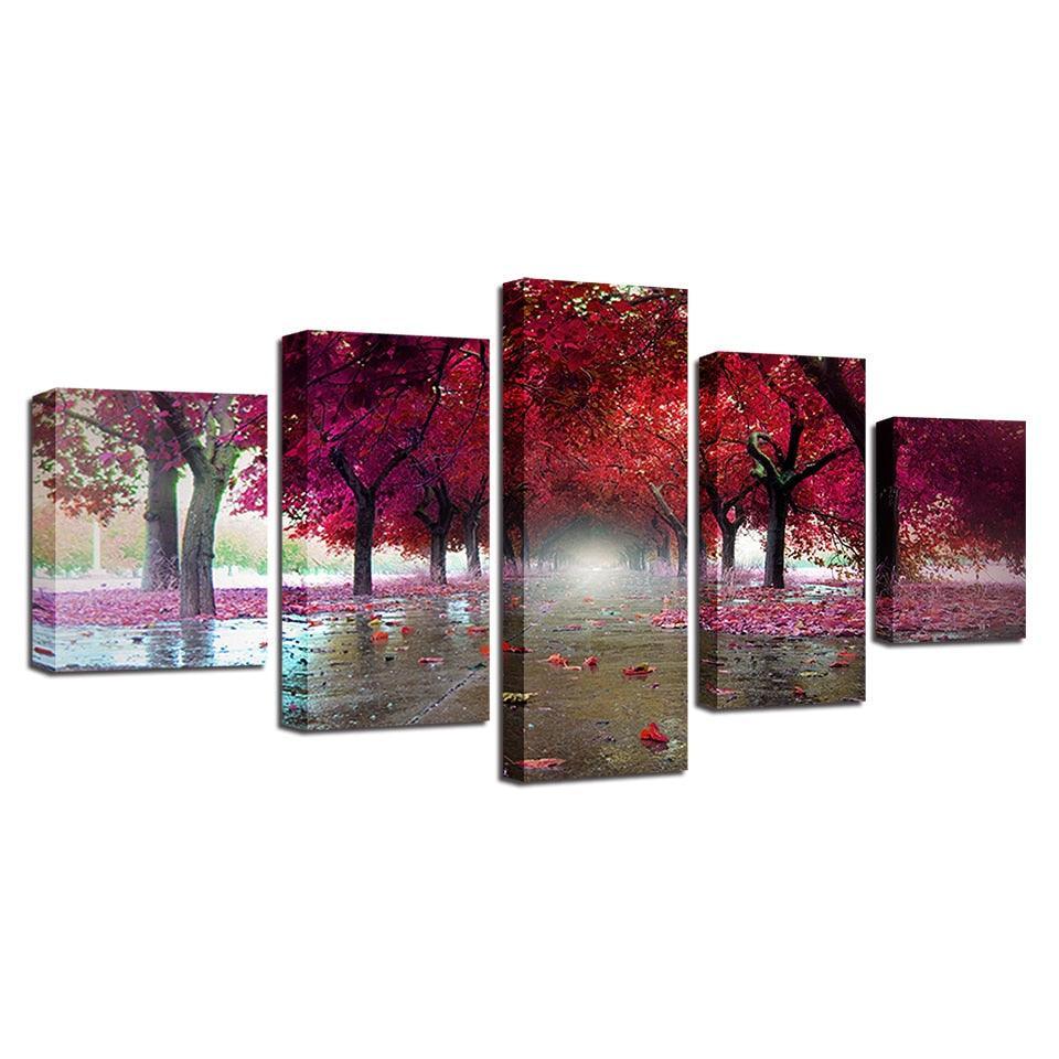 Purple Red Trees 5 Piece HD Multi Panel Canvas Wall Art-Original Frame