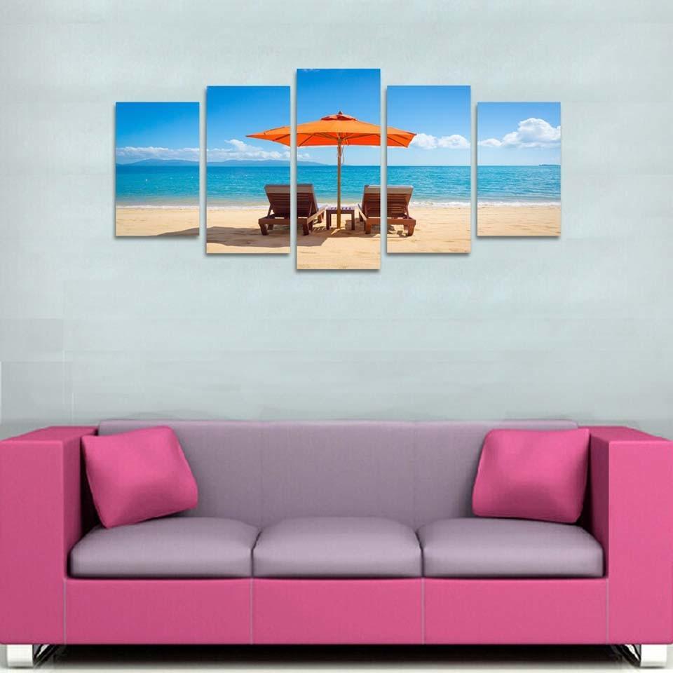 Beach Time With Family 5 Piece HD Multi Panel Canvas Wall Art Frame-Original Frame