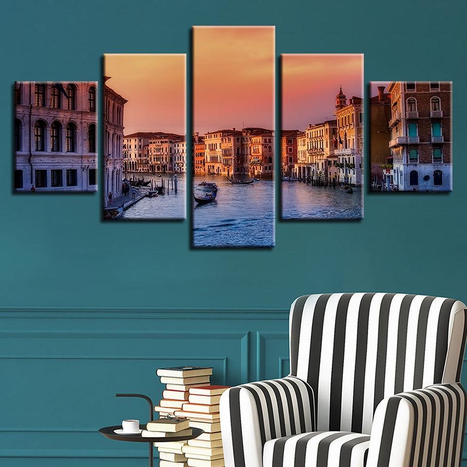Venice Water City Building Landscape 5 Piece HD Multi Panel Canvas Wall Art Frame-Original Frame