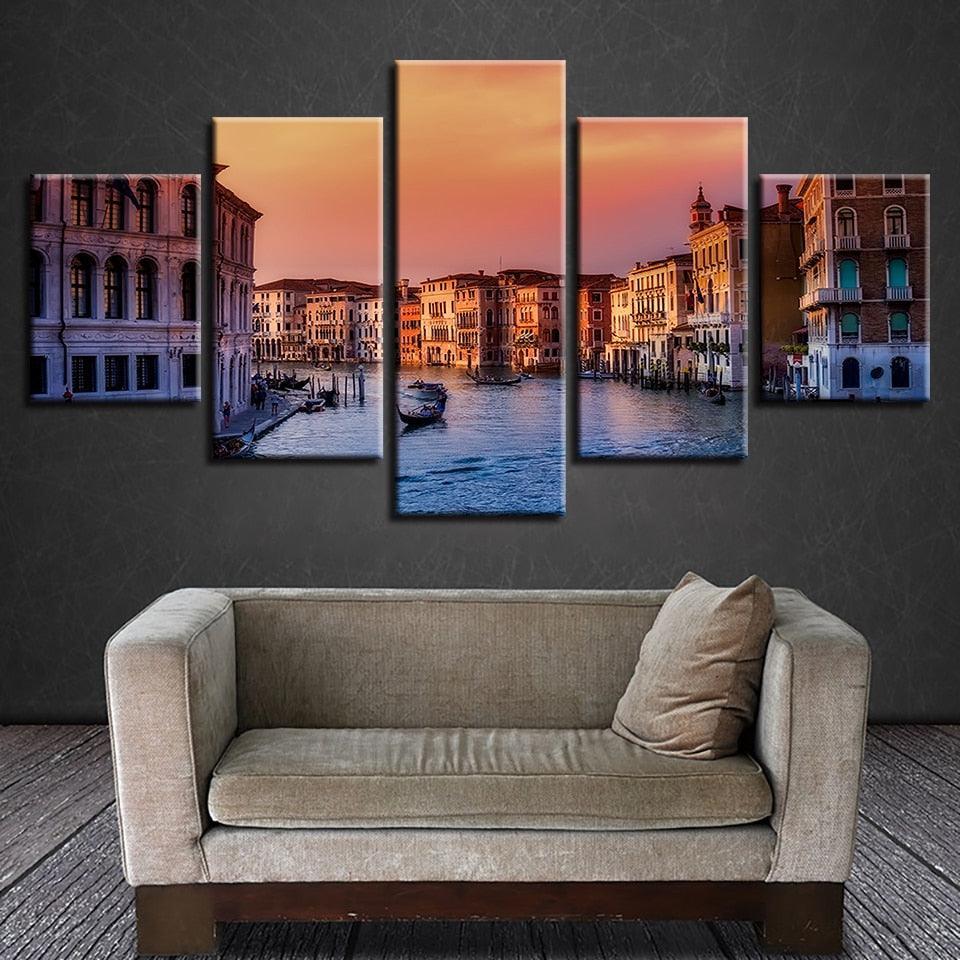 Venice Water City Building Landscape 5 Piece HD Multi Panel Canvas Wall Art Frame-Original Frame