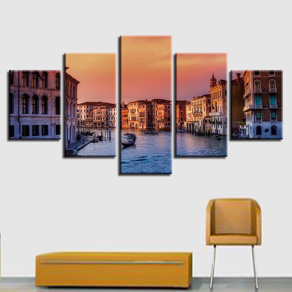 Venice Water City Building Landscape 5 Piece HD Multi Panel Canvas Wall Art Frame-Original Frame
