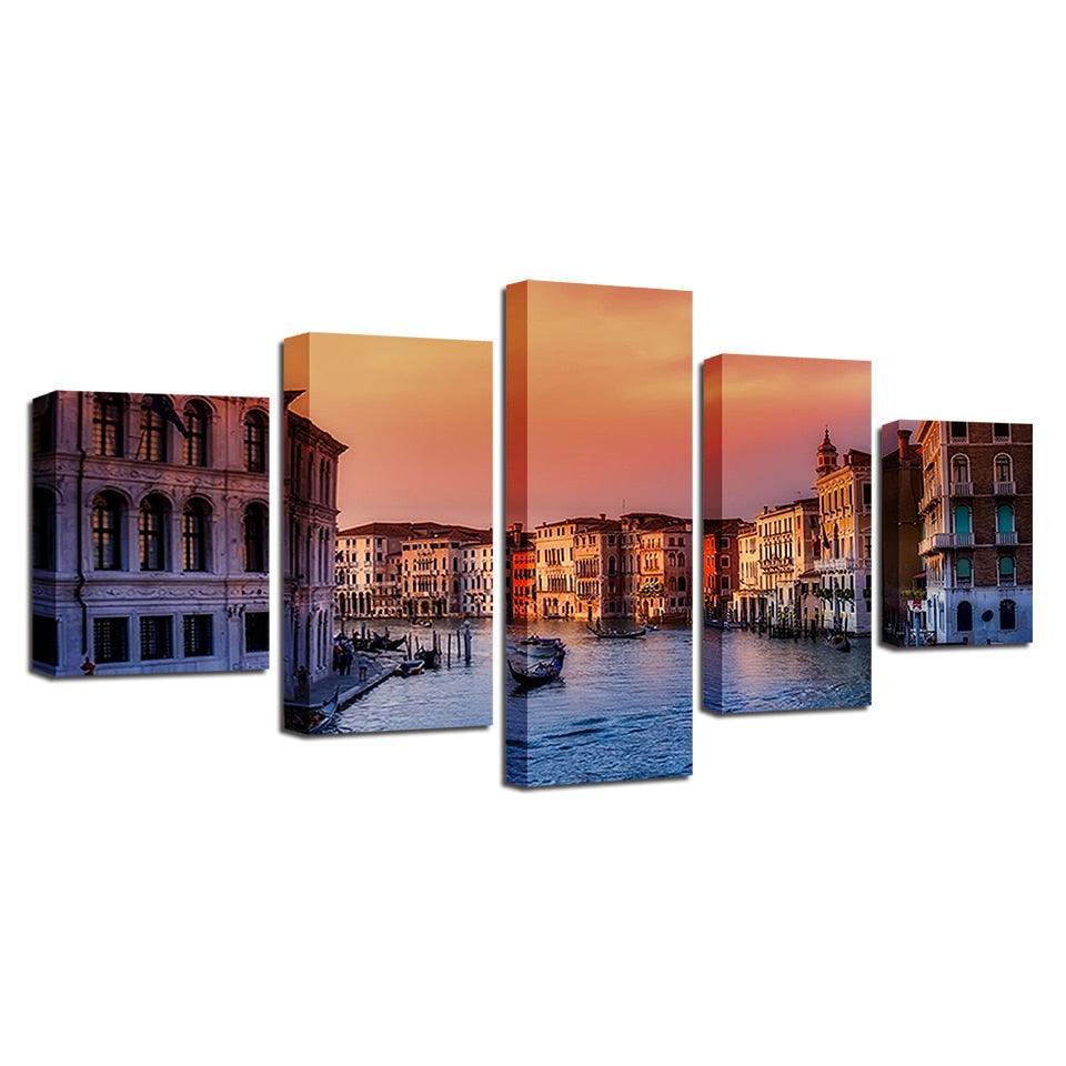 Venice Water City Building Landscape 5 Piece HD Multi Panel Canvas Wall Art Frame-Original Frame