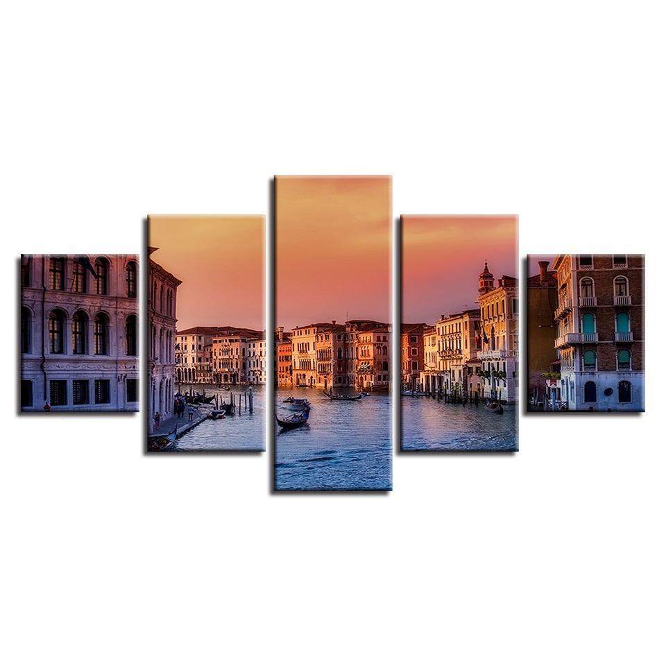Venice Water City Building Landscape 5 Piece HD Multi Panel Canvas Wall Art Frame-Original Frame