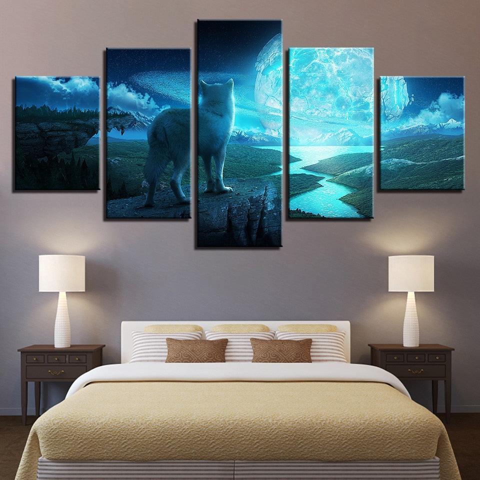 Full Moon Night 5 Piece HD Multi Panel Canvas Wall Art Frame-Original Frame
