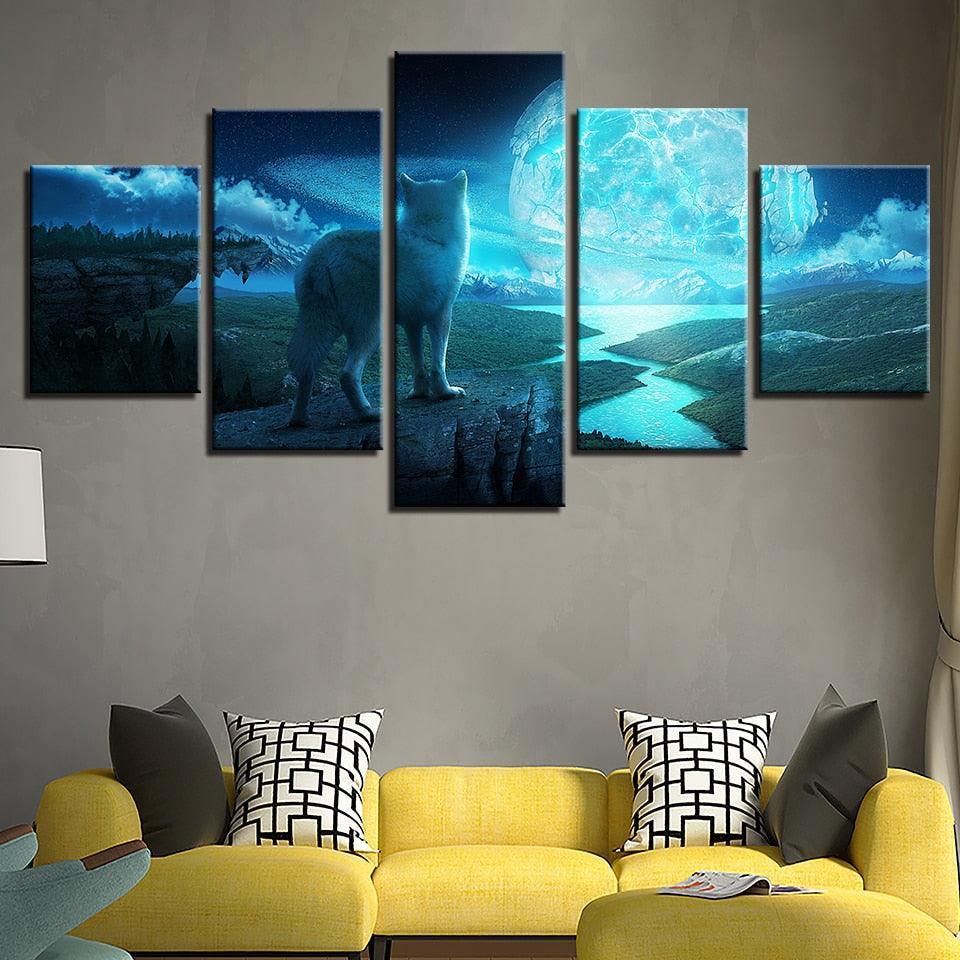 Full Moon Night 5 Piece HD Multi Panel Canvas Wall Art Frame-Original Frame