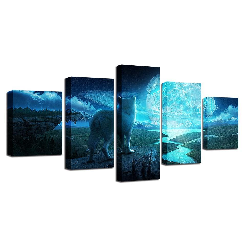 Full Moon Night 5 Piece HD Multi Panel Canvas Wall Art Frame-Original Frame
