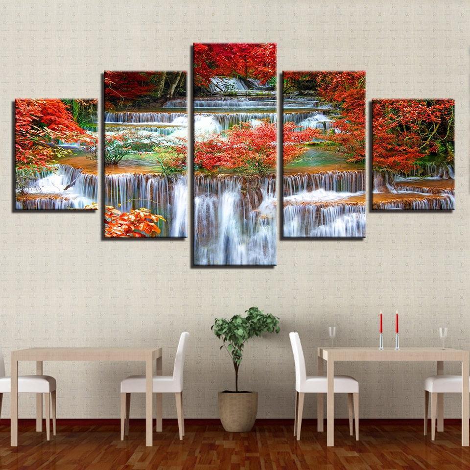 Autumn Waterfall 5 Piece HD Multi Panel Canvas Wall Art Frame-Original Frame