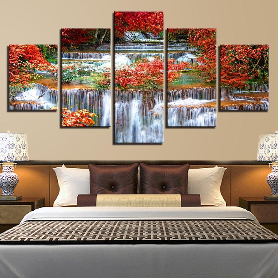 Autumn Waterfall 5 Piece HD Multi Panel Canvas Wall Art Frame-Original Frame