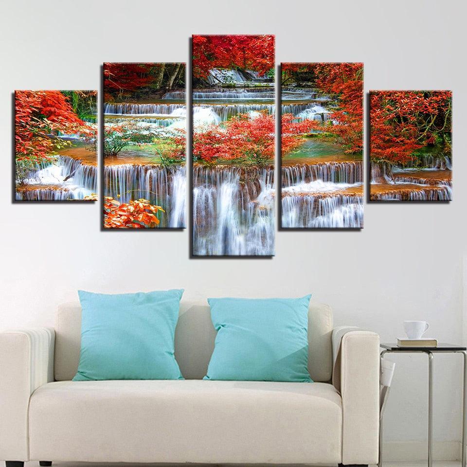 Autumn Waterfall 5 Piece HD Multi Panel Canvas Wall Art Frame-Original Frame