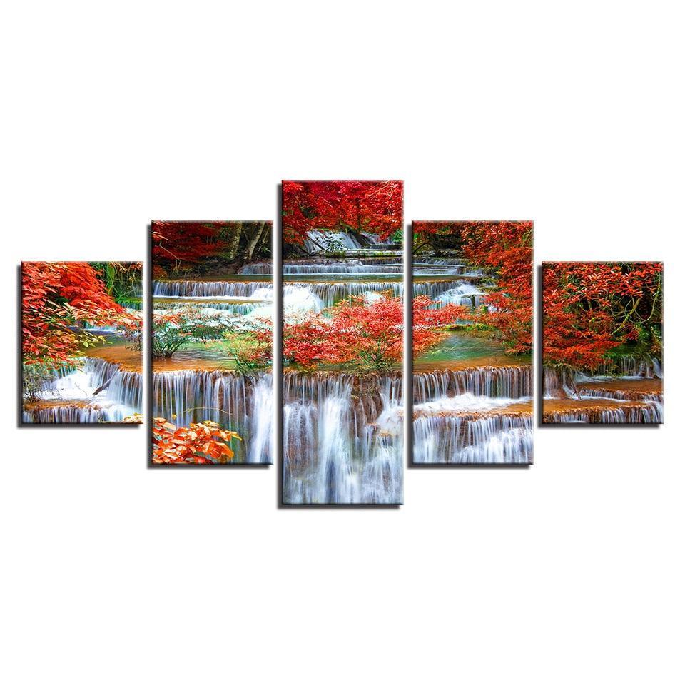 Autumn Waterfall 5 Piece HD Multi Panel Canvas Wall Art Frame-Original Frame