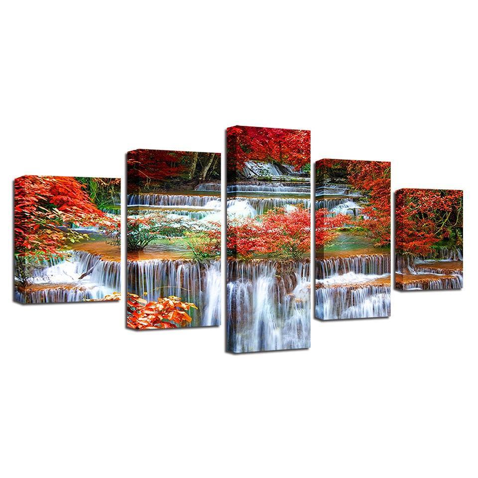 Autumn Waterfall 5 Piece HD Multi Panel Canvas Wall Art Frame-Original Frame