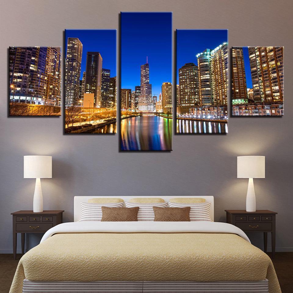City Building Nightscape 5 Piece HD Multi Panel Canvas Wall Art Frame-Original Frame