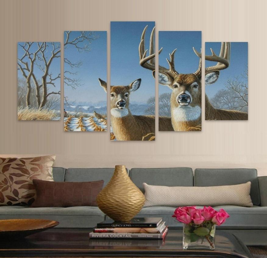 Elk In Forest 5 Piece HD Multi Panel Canvas Wall Art Frame-Original Frame