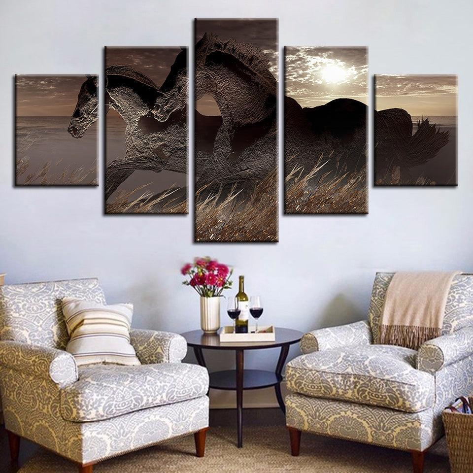 Abstract Racing Horses 5 Piece HD Multi Panel Canvas Wall Art Frame-Original Frame