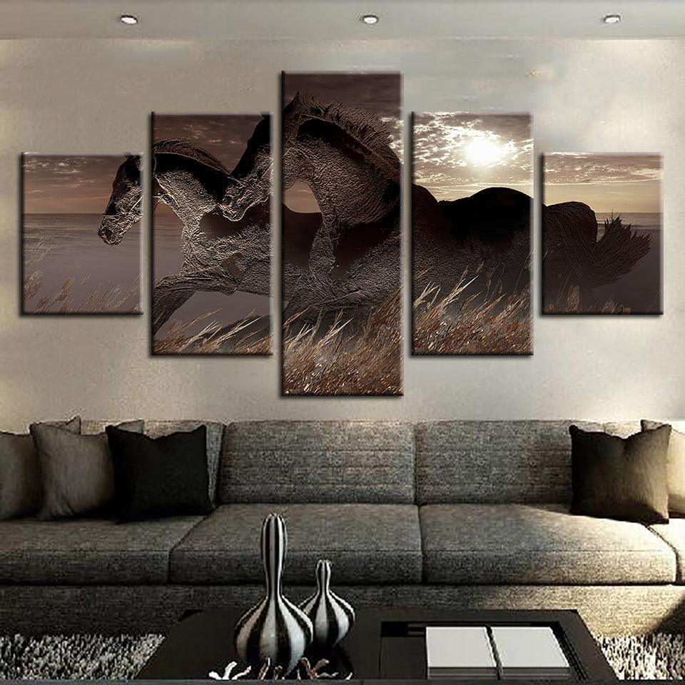 Abstract Racing Horses 5 Piece HD Multi Panel Canvas Wall Art Frame-Original Frame