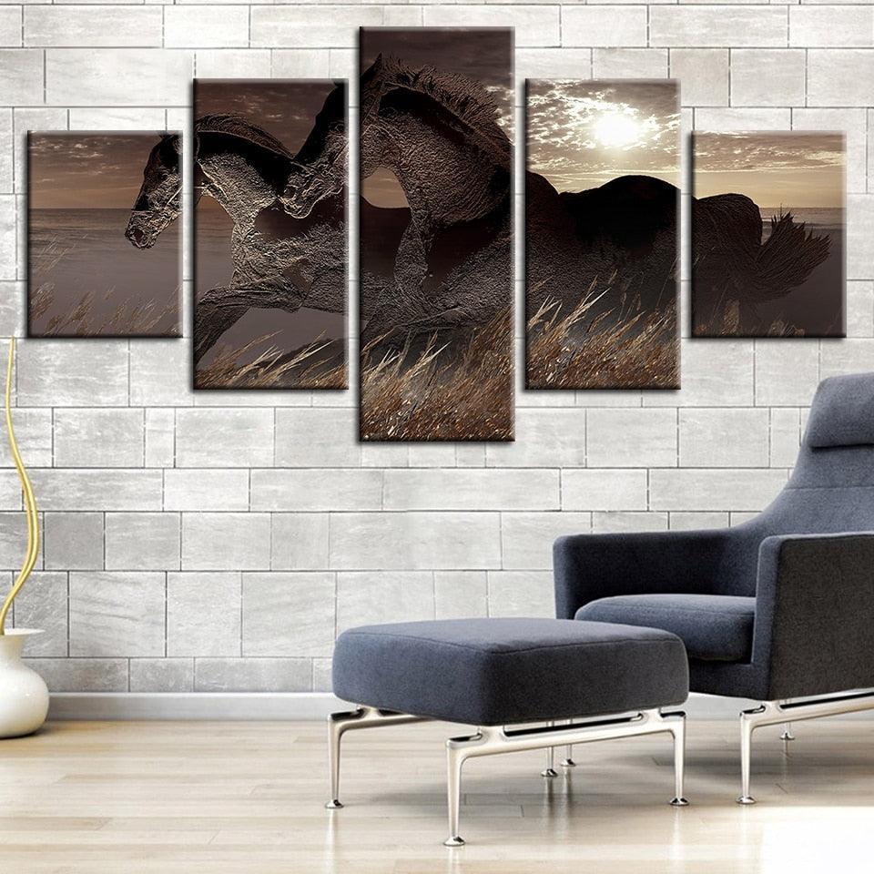 Abstract Racing Horses 5 Piece HD Multi Panel Canvas Wall Art Frame-Original Frame