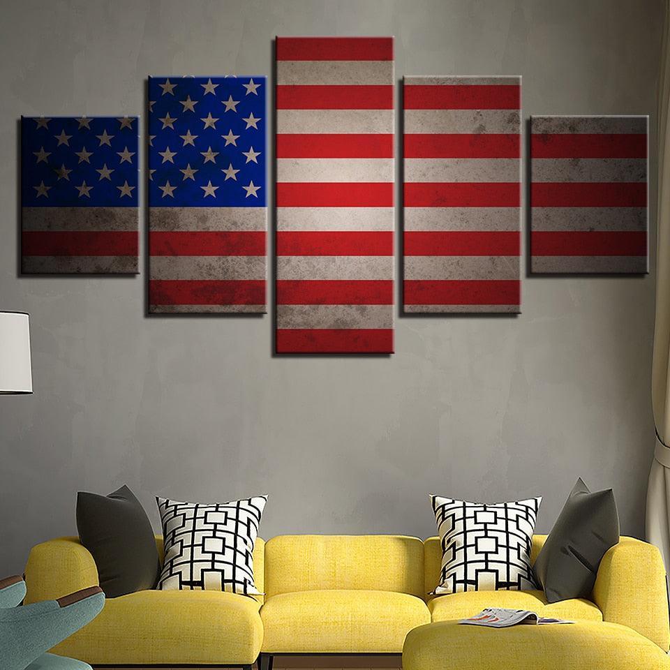 Retro American Flag 5 Piece HD Multi Panel Canvas Wall Art Frame-Original Frame