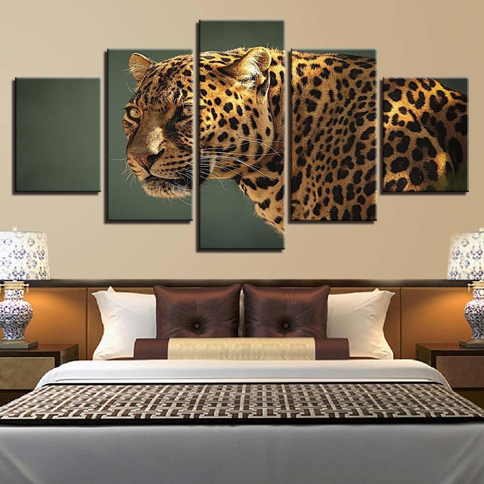 Leopard Stare 5 Piece HD Multi Panel Canvas Wall Art Frame-Original Frame