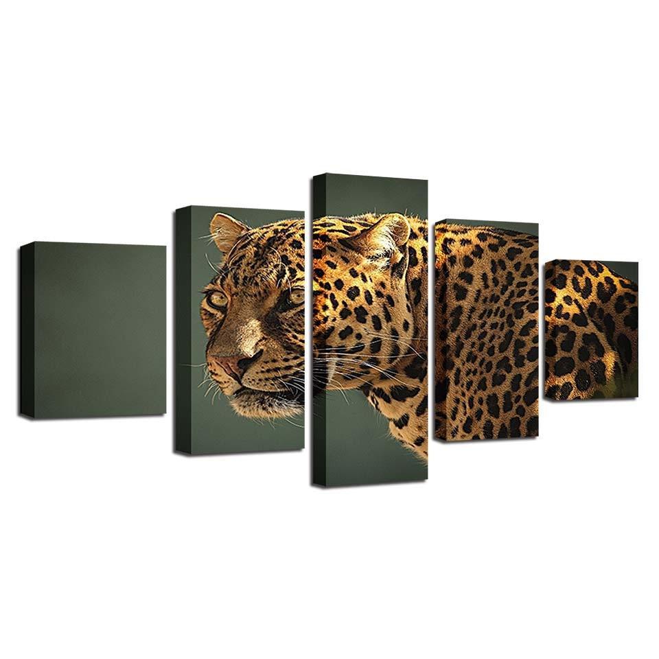 Leopard Stare 5 Piece HD Multi Panel Canvas Wall Art Frame-Original Frame