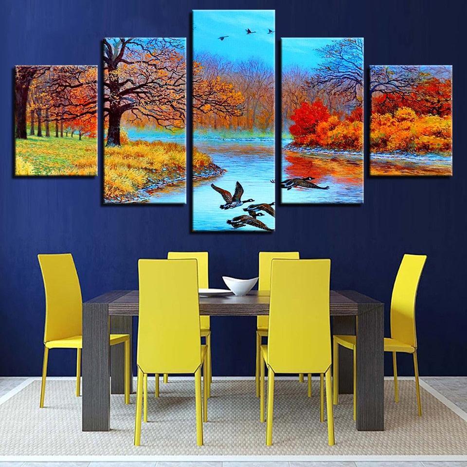 Abstract Forest Lake And Birds 5 Piece HD Multi Panel Canvas Wall Art Frame-Original Frame