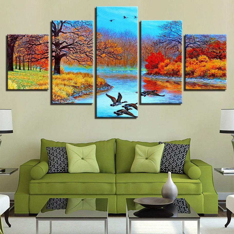 Abstract Forest Lake And Birds 5 Piece HD Multi Panel Canvas Wall Art Frame-Original Frame