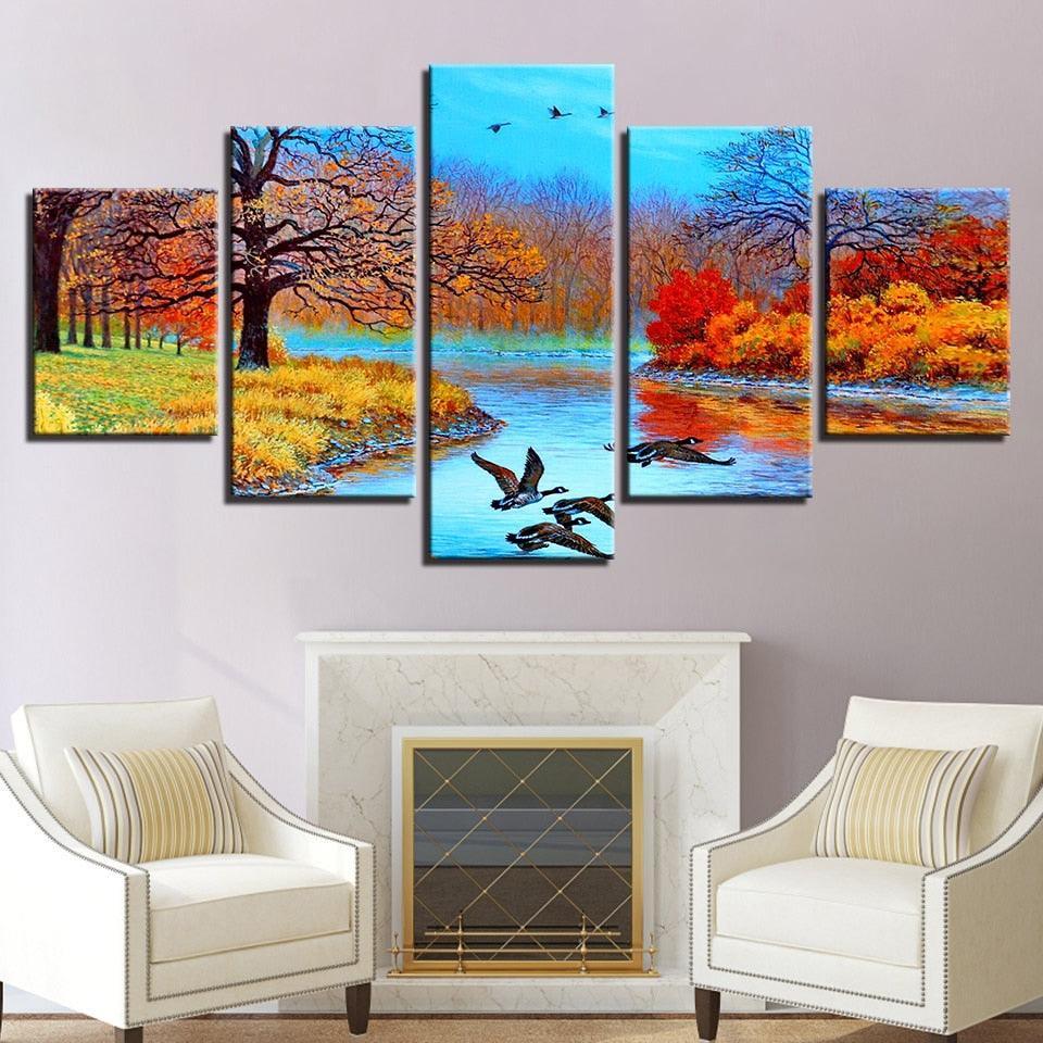 Abstract Forest Lake And Birds 5 Piece HD Multi Panel Canvas Wall Art Frame-Original Frame