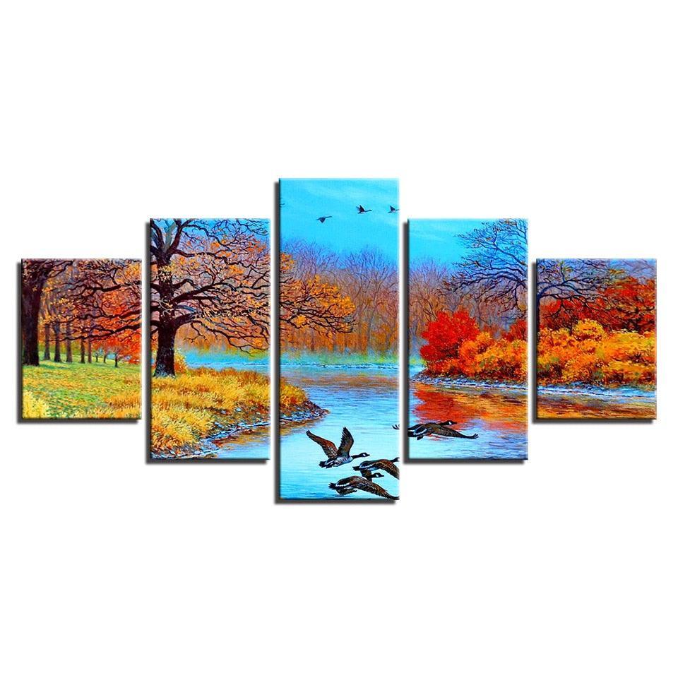 Abstract Forest Lake And Birds 5 Piece HD Multi Panel Canvas Wall Art Frame-Original Frame