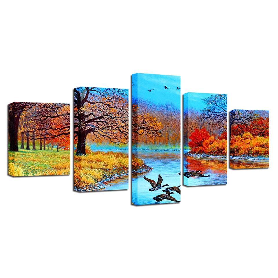 Abstract Forest Lake And Birds 5 Piece HD Multi Panel Canvas Wall Art Frame-Original Frame