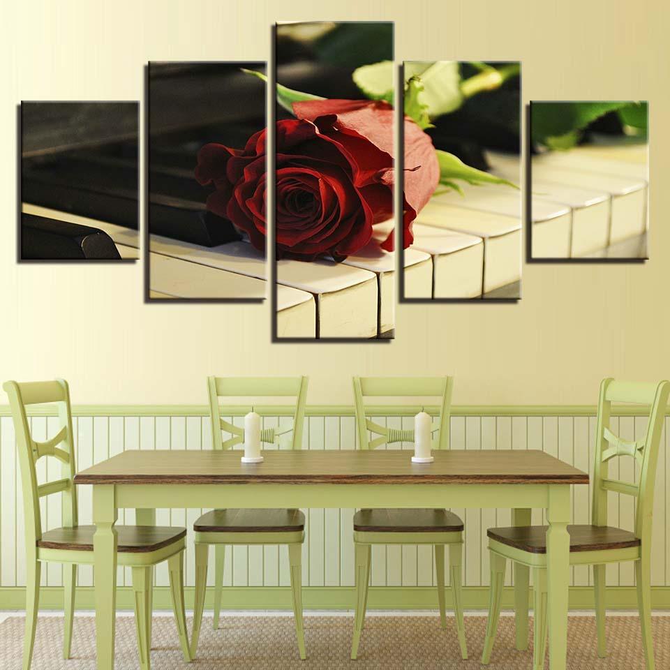 Rose on Piano 5 Piece HD Multi Panel Canvas Wall Art Frame-Original Frame