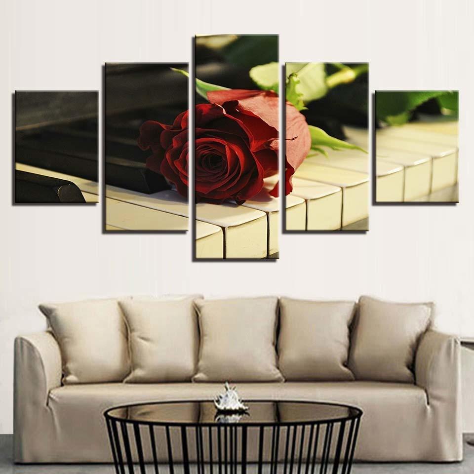 Rose on Piano 5 Piece HD Multi Panel Canvas Wall Art Frame-Original Frame