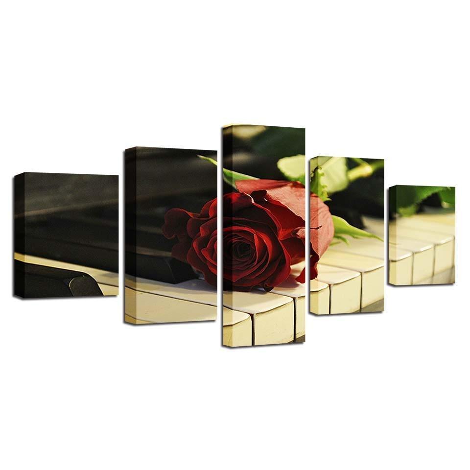 Rose on Piano 5 Piece HD Multi Panel Canvas Wall Art Frame-Original Frame