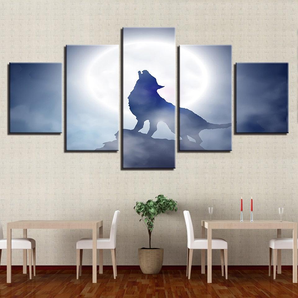 Full Moon Wolf Howl 5 Piece HD Multi Panel Canvas Wall Art Frame-Original Frame