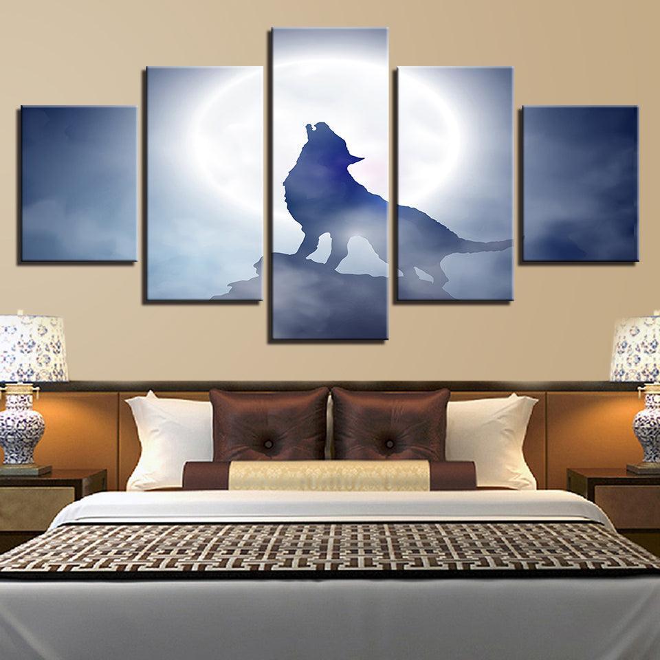 Full Moon Wolf Howl 5 Piece HD Multi Panel Canvas Wall Art Frame-Original Frame