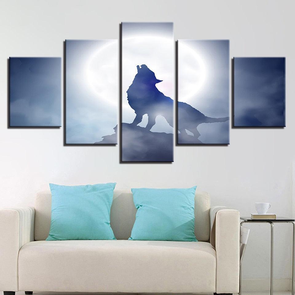 Full Moon Wolf Howl 5 Piece HD Multi Panel Canvas Wall Art Frame-Original Frame