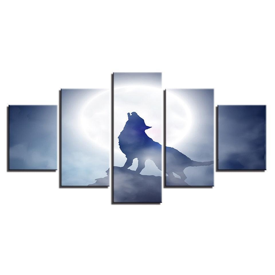 Full Moon Wolf Howl 5 Piece HD Multi Panel Canvas Wall Art Frame-Original Frame