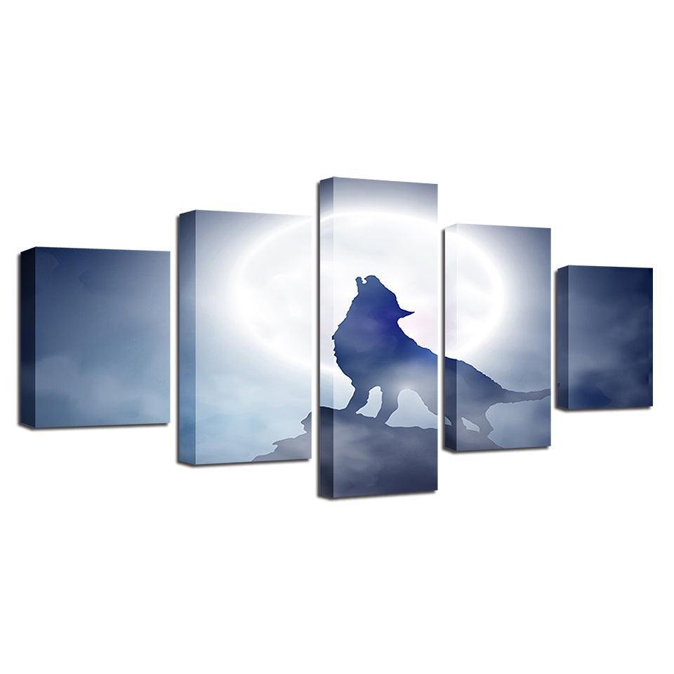 Full Moon Wolf Howl 5 Piece HD Multi Panel Canvas Wall Art Frame-Original Frame