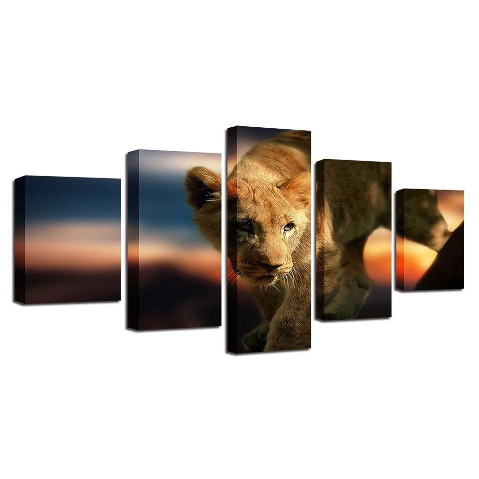 Wild Animals Lion 5 Piece HD Multi Panel Canvas Wall Art Frame-Original Frame